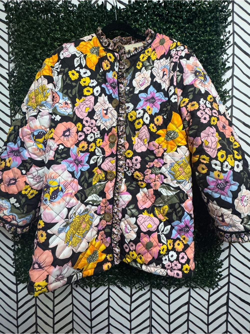 Floral Quilted Jacket in Black with Pink & Yellow Accents